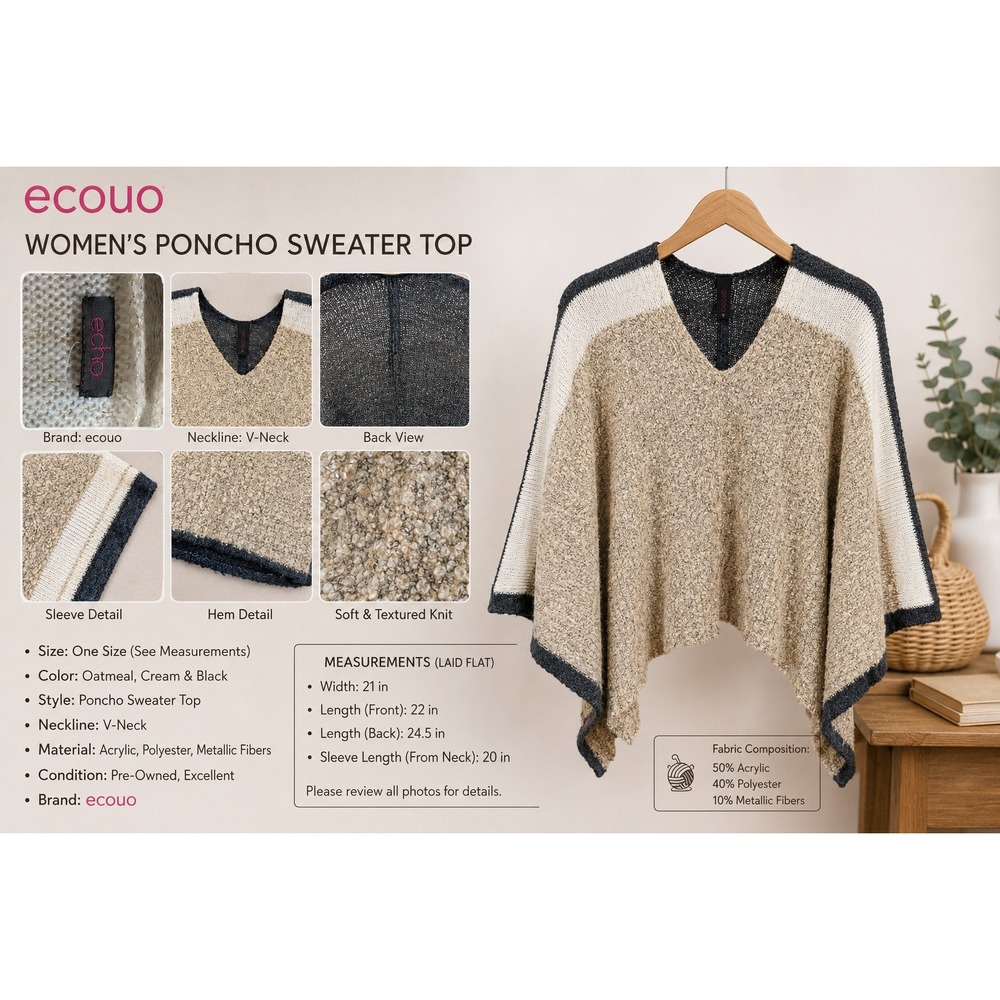 Echo New York Colorblock Poncho Sweater Tan Grey Metallic Knit Oversized One Sz‎